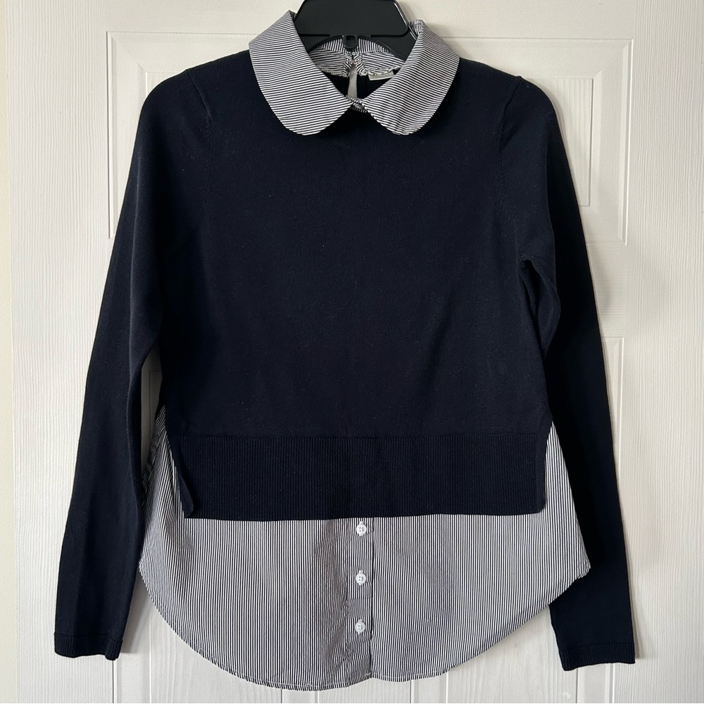 Blue and white stripped peter pan collar illusion navy blue sweater TWIK Simons